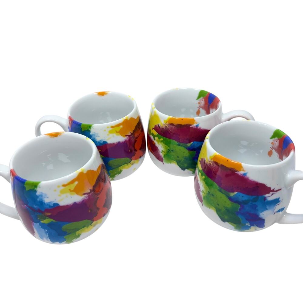 NWOT Konitz Germany Coffee Mugs Tea Cups Lot 4 Rainbow Watercolor Splash Round